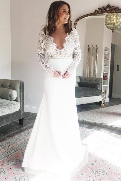 Satin Sheath V-neck Long Sleeves Mermaid Wedding Dress with Lace,MW485