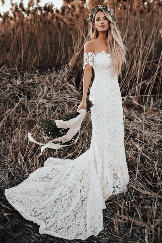 Rustic Mermaid Lace Ivory Wedding Dresses Illusion Neckline Beach Wedding Dress,MW488