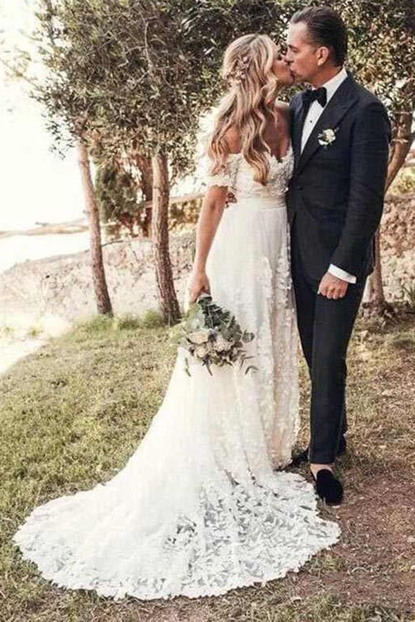 Rustic Ivory Lace Wedding Dresses Off the Shoulder Beach Wedding Dress – Musebridals