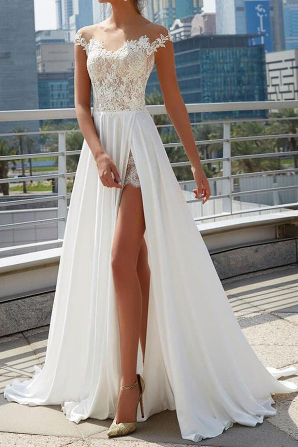 White Lace Off The Shoulder Wedding Dress With Slit