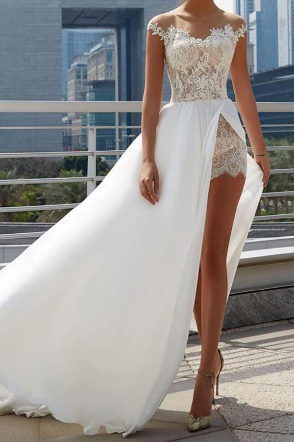 Cheap Off the Shoulder See Through Wedding Dresses Side Slit A-line Bridal Dresses,MW493 | musebridals.com