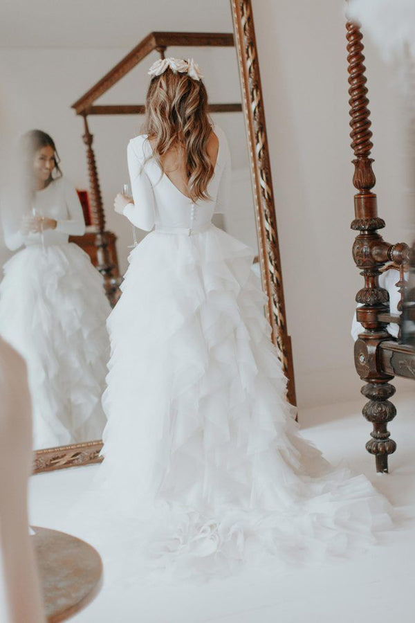 Simple Long Sleeve Ivory White Wedding Dresses with Ruffle Skirt,MW497 | musebridals.com