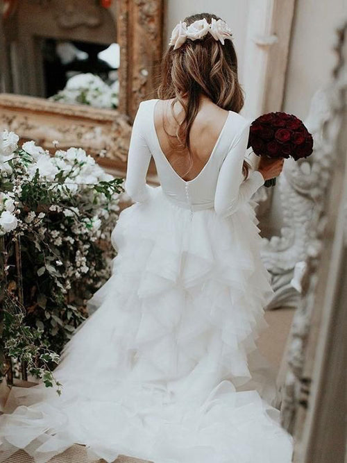 Simple Long Sleeve Ivory White Wedding Dresses with Ruffle Skirt,MW497