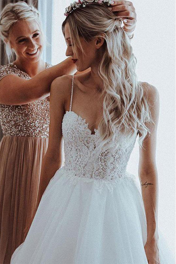 Unique A-line Tulle Spaghetti Straps Backless Wedding Dresses Online, MW499 | Musebridals