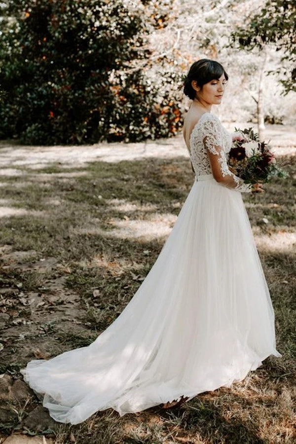inexpensive a line wedding dresses Affordable A Line Beach Wedding Gown Long Sleeve Off The Shoulder Sweep Train Winter Country Wedding Dress Lace Applique Plus Size Bride