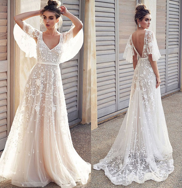 Ivory V Neck Beach Wedding Dresses with Lace Appliques, Bridal Dresses, MW512 | ivory wedding dresses | lace wedding dresses | cheap wedding dresses | Musebridals.com