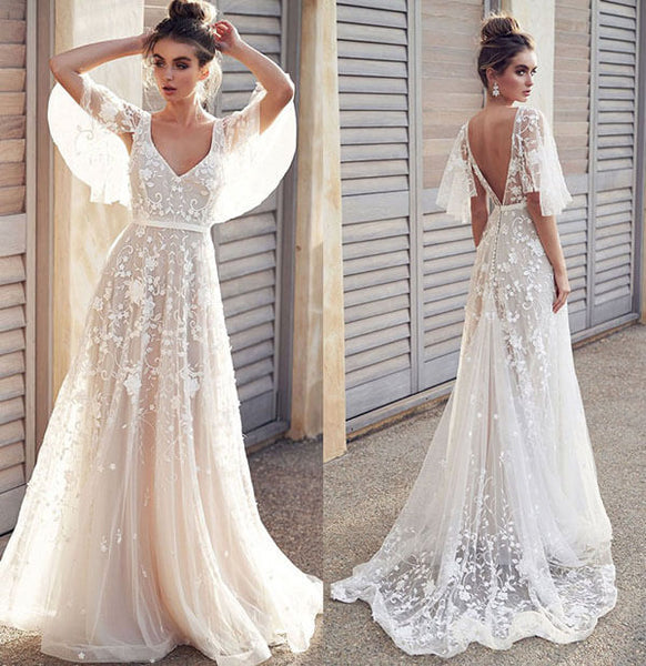 A-line V-neck Side Slit Lace Beach Wedding Dresses MW645