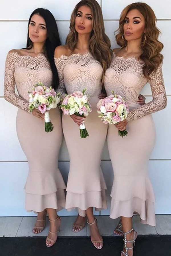 Mermaid Lace Top Off-the-Shoulder Long Sleeves Bridesmaid Dresses, MBD182 | pink bridesmaid dresses | budget bridesmaid dresses | cheap short bridesmaid dresses | musebridals.com
