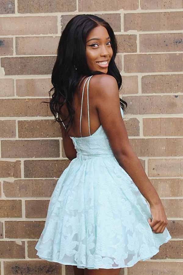 Mint Green A-line V-neck Backless Homecoming Dress With Lace Appliques, MH557 | graduation dresses | short prom dresses | short party dresses | musebridals.com