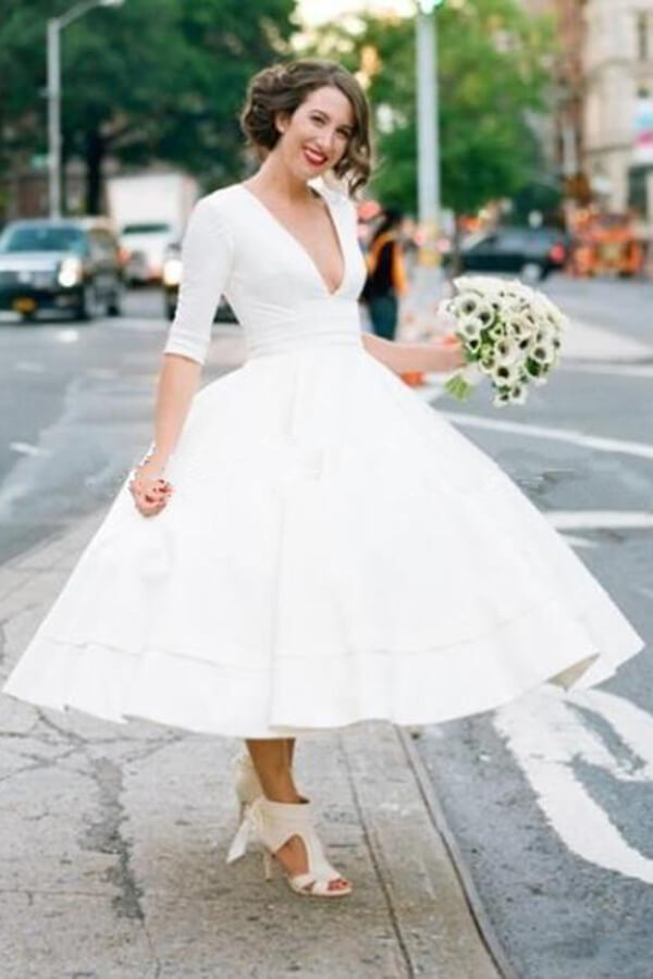 Modest A-line V-neck Half Sleeves Tea Length Taffeta Wedding Dresses, MW531 | half sleeves wedding dresses | simple wedding dress | white wedding dress | www.musebridals.com
