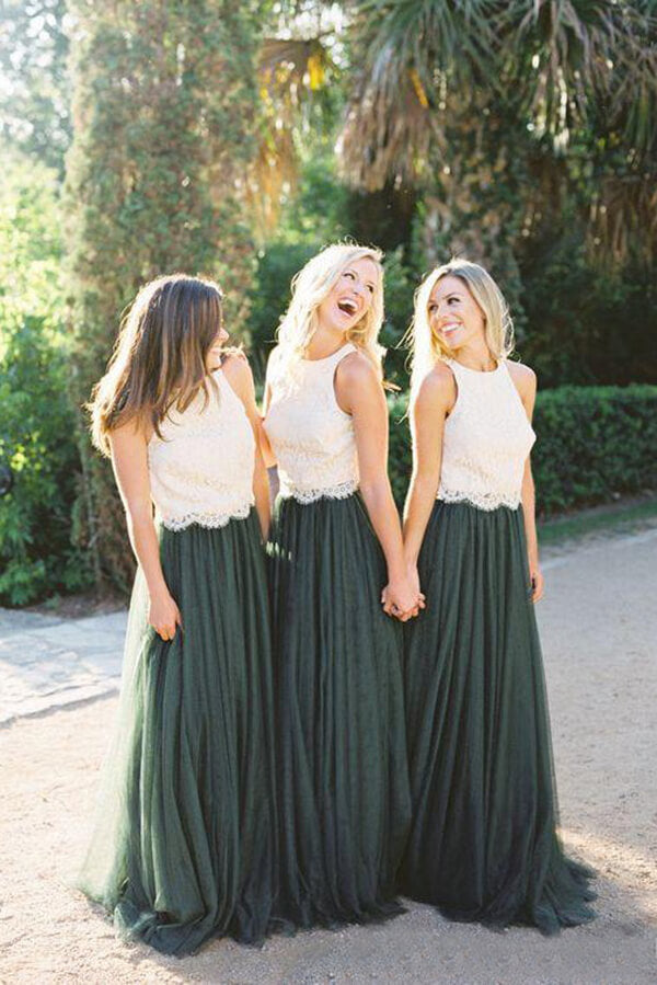 Modest Ivory Lace Forest Green Tulle Top Round Neck Bridesmaid Dress, MBD154 | long bridesmaid dresses | cheap bridesmaid dresses | wedding party dresses | www.musebridals.com