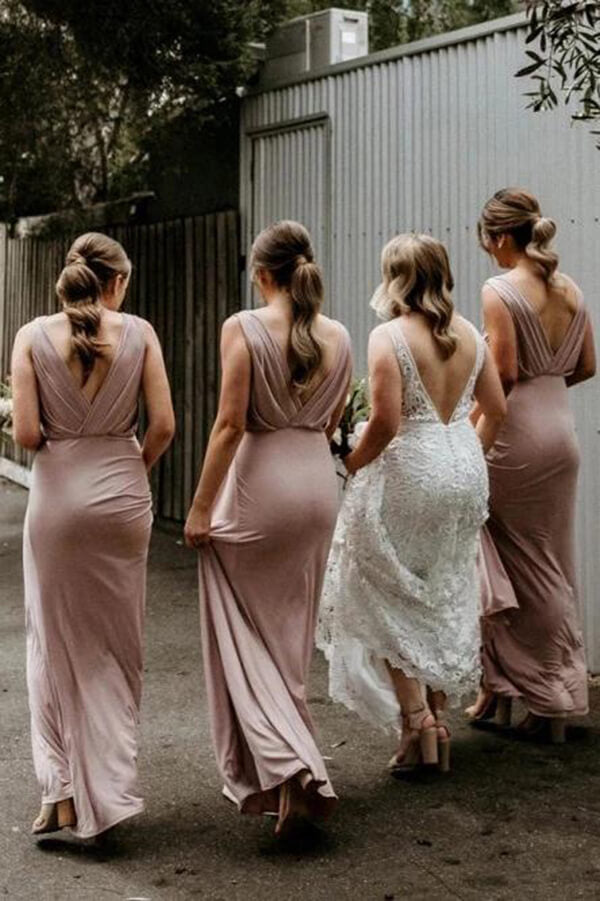 Modest V-neck Floor Length Bridesmaid Dresses, Wedding Party Dress, MBD150 | wedding party dress | wedding guest dresses | pink bridesmaid dresses | www.musebridals.com