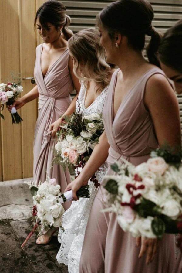 Modest V-neck Floor Length Bridesmaid Dresses, Wedding Party Dress, MBD150 | plus size bridesmaid dresses | Satin bridesmaid dresses |  junior bridesmaid dress | www.musebridals.com