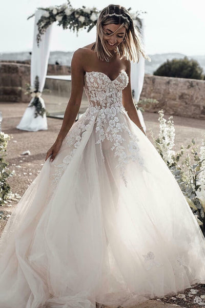 Cheap Tulle A-line Sweetheart Long Wedding Dresses with Lace Appliques Musebridals Cheap Tulle A-line Sweetheart Long Wedding Dresses with Lace Appliques Musebridals