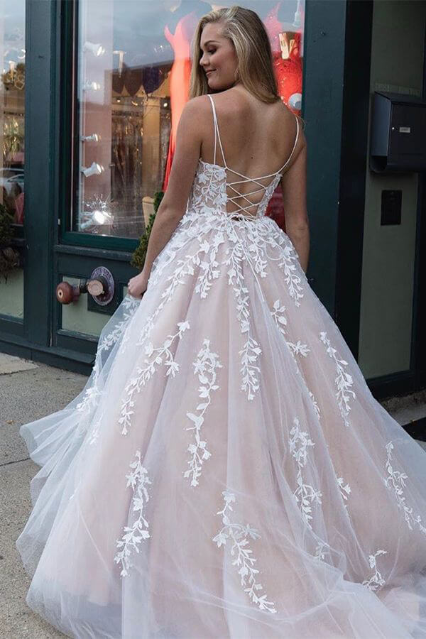 Ivory Tulle Spaghetti Straps Scoop A-Line Prom Dresses with Appliques, MP628 | long prom dresses | lace prom dresses | party dresses | ivory lace prom dresses | formal dresses | musebridals.com
