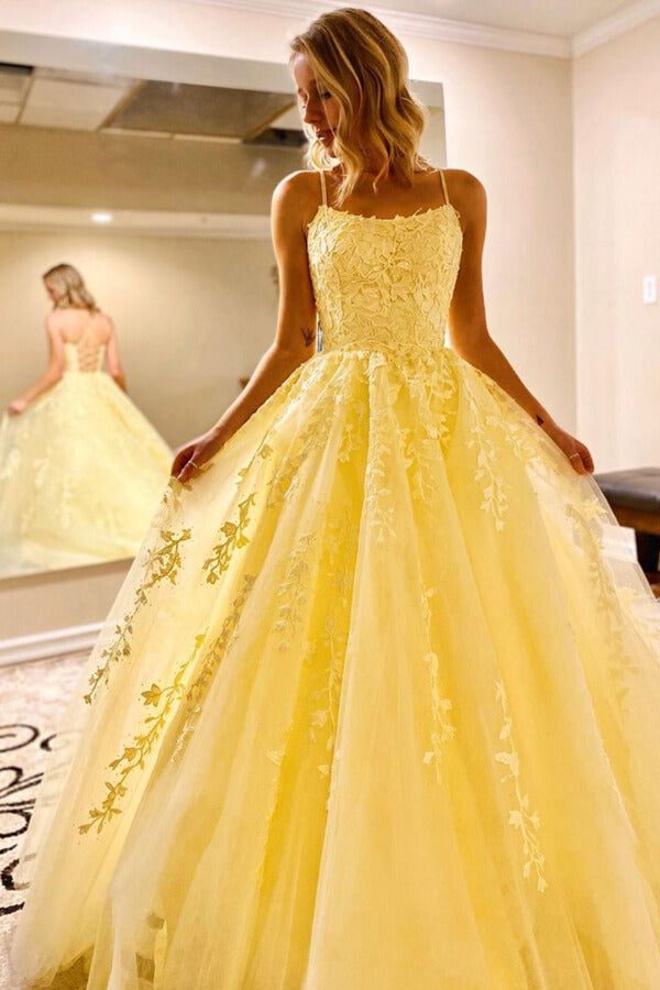 Yellow Tulle Spaghetti Straps Scoop A-Line Prom Dresses with Appliques, MP628 | prom dresses | evening dresses | formal dresses | prom gowns | cheap prom dresses | musebridals.com
