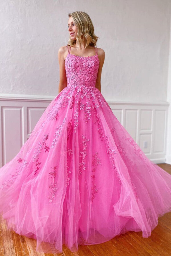 Pink Tulle Spaghetti Straps Scoop A-Line Prom Dresses with Appliques, MP628 | pink prom dresses | tulle prom dresses | long prom dresses | party dresses | musebridals.com