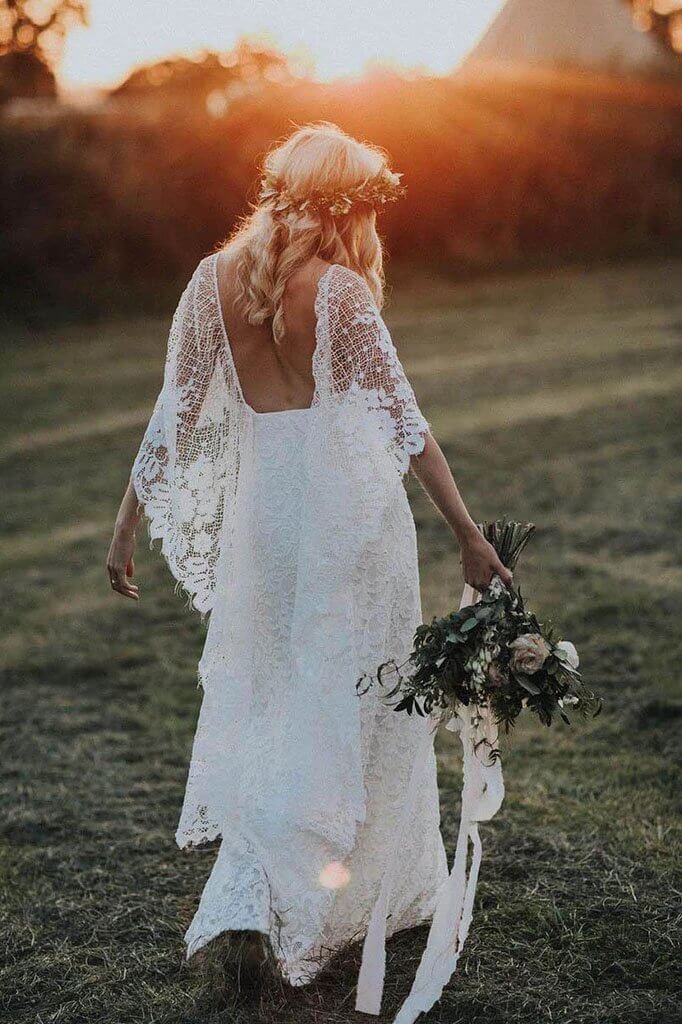 Batwing Sleeve Lace Rustic Wedding Dresses Ivory Sheath Boho Wedding Dresses,MW407 | boho wedding dresses | beach wedding dresses | cheap wedding dresses | bridal gowns | musebridals.com