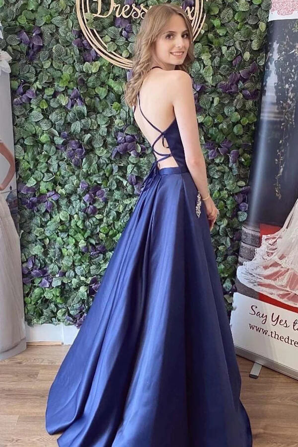 Navy Blue Satin A-line Lace Up Back Simple Prom Dresses With Pockets, MP768 | cheap long prom dresses | party dresses | long formal dresses | musebridals.com