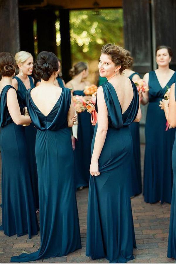 Navy Blue Satin A-line V-neck Backless Sweep Train Bridesmaid Dresses, MBD159 | simple bridesmaid dresses | mermaid bridesmaid dresses | wedding party dresses | www.musebridals.com