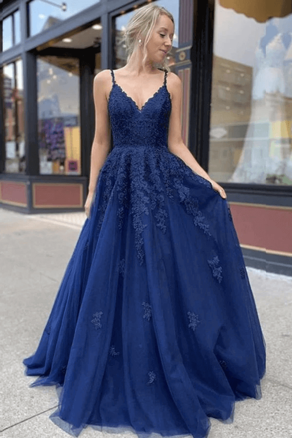 Navy Blue Tulle Lace A-line V-neck Prom Dresses, Long Formal Dresses, MP642 | long prom dresses | navy blue prom dress | tulle prom dresses | www.musebridals.com