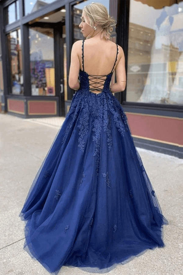 Navy Blue Tulle Lace A-line V-neck Prom Dresses, Long Formal Dresses, MP642