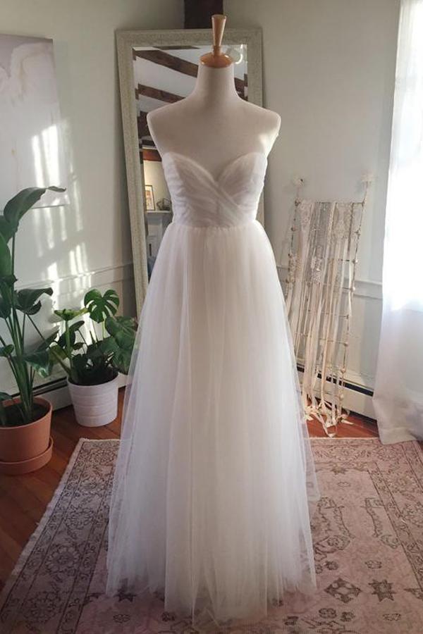 Simple Tulle Floor Length Open Back Sweetheart Strapless Wedding Dresses, MW217