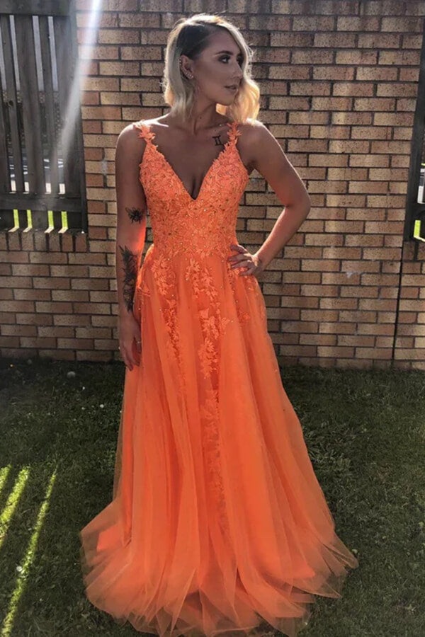 Orange Tulle Backless A-line Lace Prom Dresses, MP814