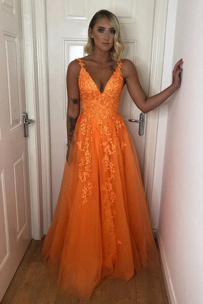 orange backless prom dress orange dress prom V Neck Open Back Orange Tulle Lace Long Prom Dress  Evening Dress US12 / Custom Color-parroquiadesanalbertomagno.com