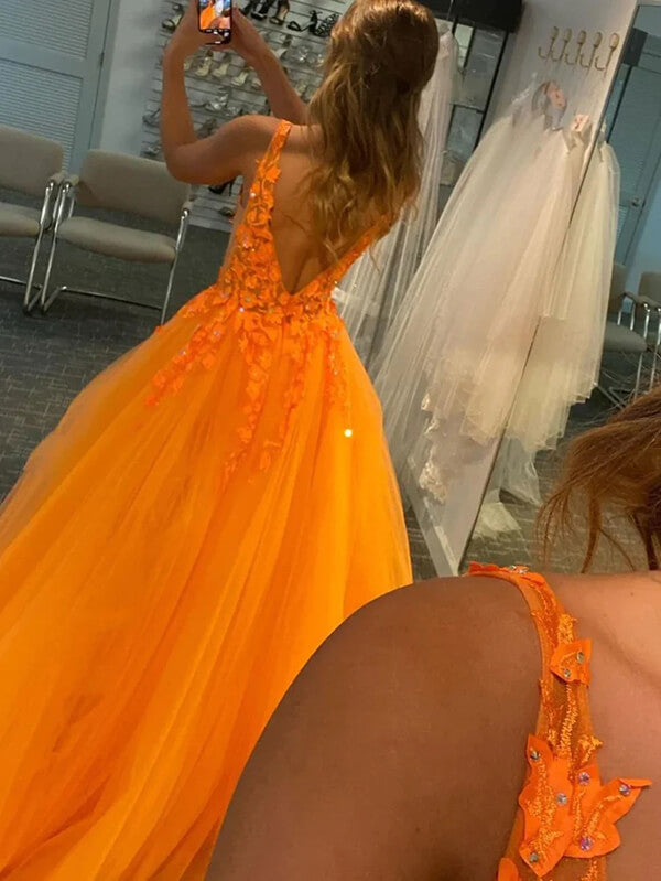 Orange Tulle V-neck Prom Dresses With Lace Appliques, Long Formal Dress, MP773 | long prom dresses | evening dresses | evening gown | musebridals.com