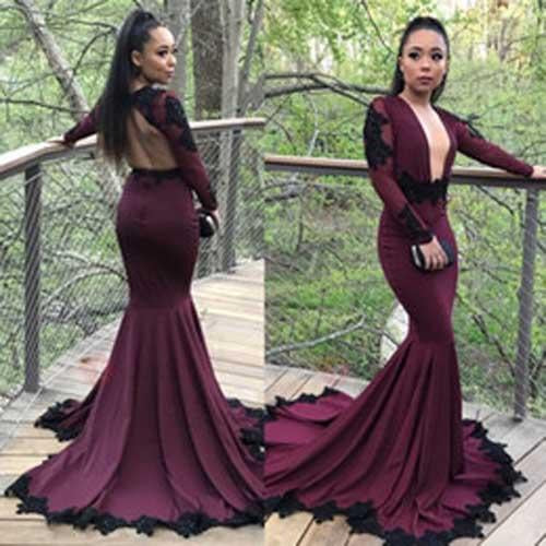 Gorgeous Purple Long Sleeves Mermaid Prom Dresses with Black Appliques, MP349|musebridals.com