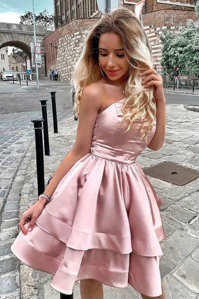 Pink Satin A-line One Shoulder Homecoming Dresses, Short Party Dresses, MH542 Pink Satin A-line One Shoulder Homecoming Dresses, Short Party Dresses, MH542