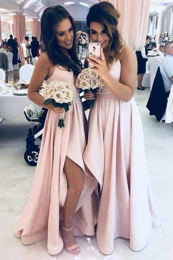 Pink Satin A-line Spaghetti Straps V-neck Bridesmaid Dresses With Side Slit, MBD168 | budget bridesmaid dress | junior bridesmaid dress | wedding party dress | www.musebridals.com