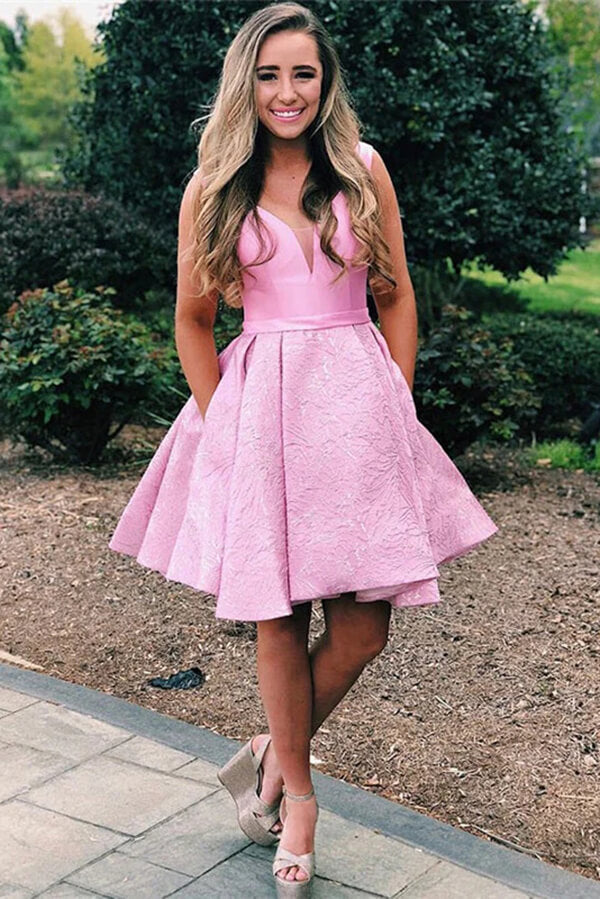 Pink Satin A-line V-neck Homecoming Dress With Pocket, Graduation Dress, MH573 | pink homecoming dresses | pink short prom dresses | cheap homecoming dresses | musebridals.com
