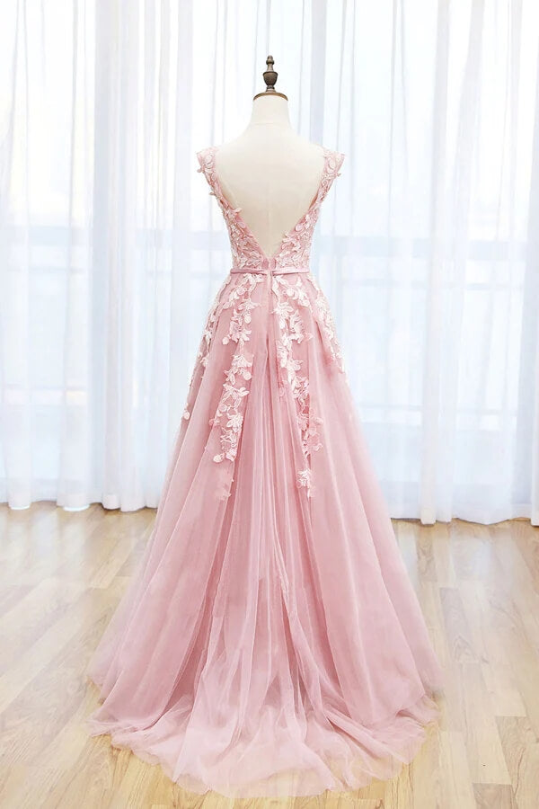 Pink Tulle A-line Scoop Lace Prom Dresses With Train, Long Formal Dresses, MP717 | cheap long prom dresses | evening gowns | party dresses online | musebridals.com