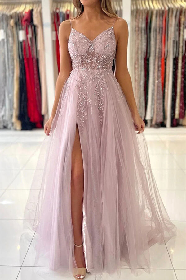 Pink Tulle A-line V-neck Beaded Prom Dresses With Slit, Evening Gowns, MP729 | pink prom dress | sparkly prom dress | long formal dress | musebridals.com