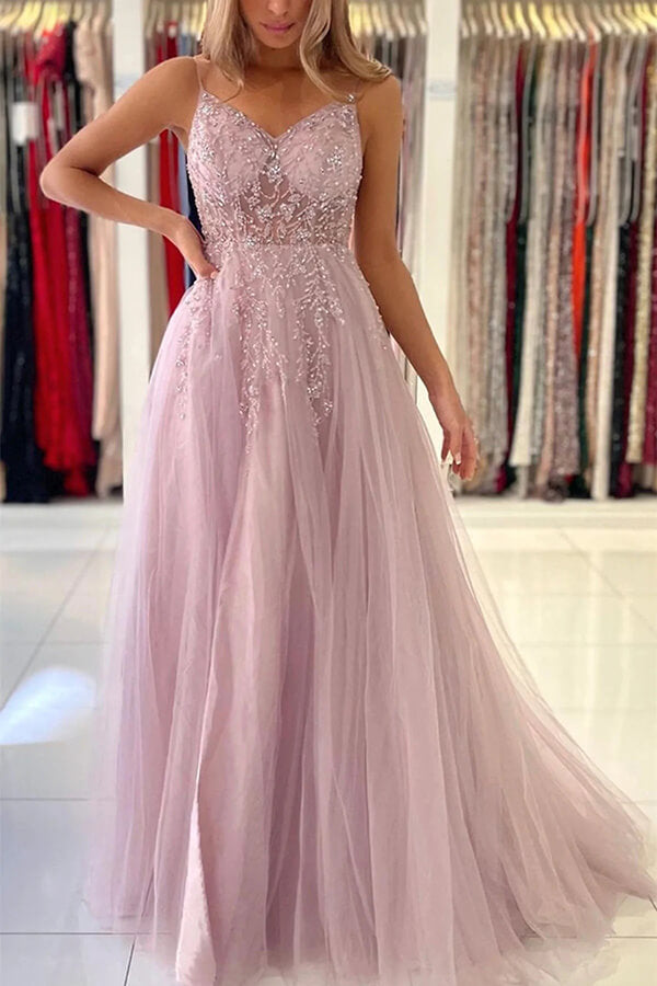 Pink Tulle A-line V-neck Beaded Prom Dresses With Slit, Evening Gowns, MP729 | a line prom dress | cheap long prom dresses | prom dress for teens | musebridals.com