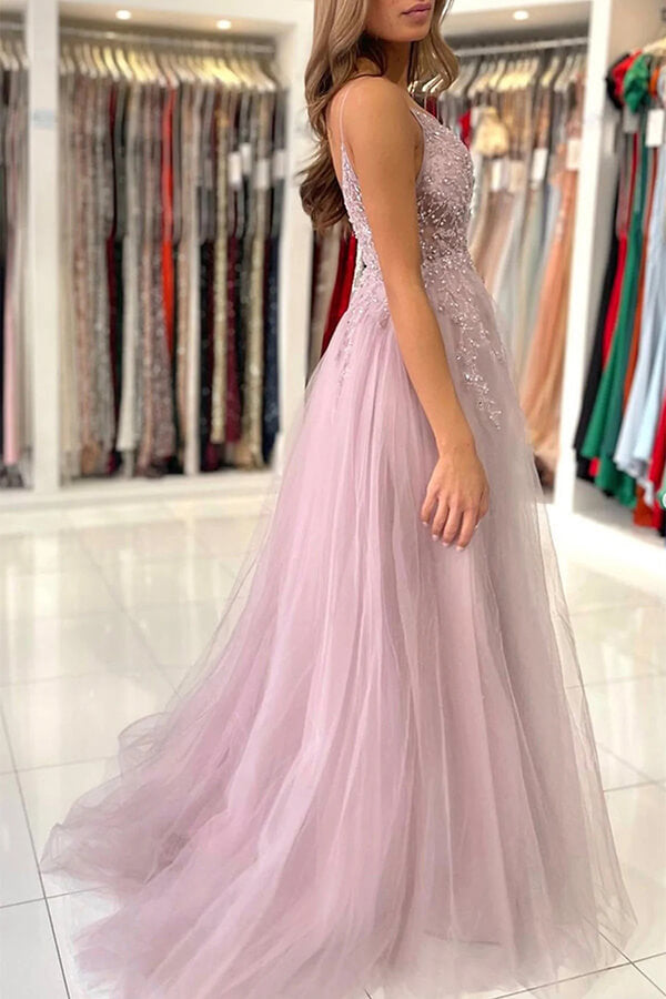 Pink Tulle A-line V-neck Beaded Prom Dresses With Slit, Evening Gowns, MP729 | tulle prom dresses | sexy prom dress | prom dresses near me | musebridals.com