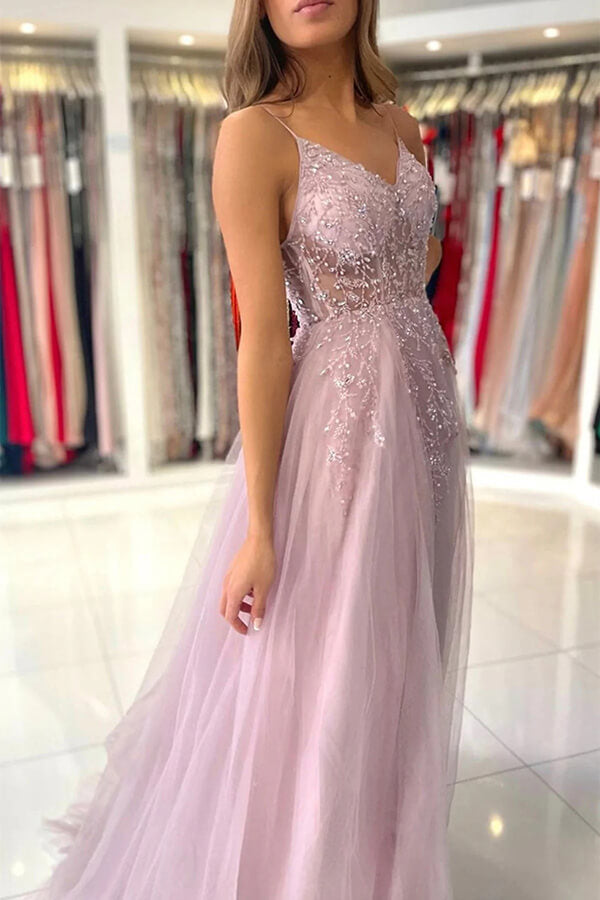 Pink Tulle A-line V-neck Beaded Prom Dresses With Slit, Evening Gowns, MP729 | beaded prom dress | evening dresses | party dresses online | musebridals.com