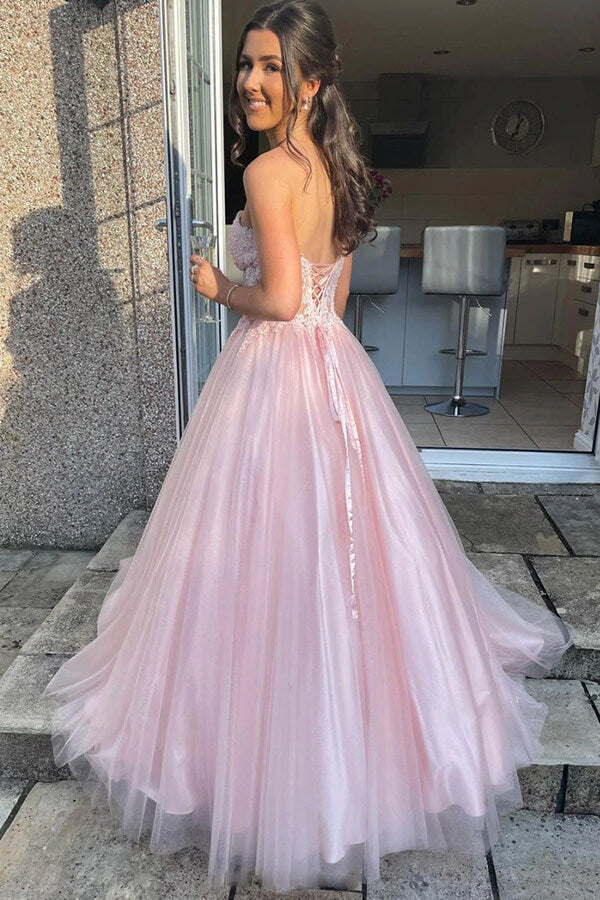 Pink Tulle Lace A-line Sweetheart Prom Dresses, Long Formal Dresses, MP683 | tulle lace prom dresses | cheap long prom dresses | lace prom dresses | www.musebridals.com