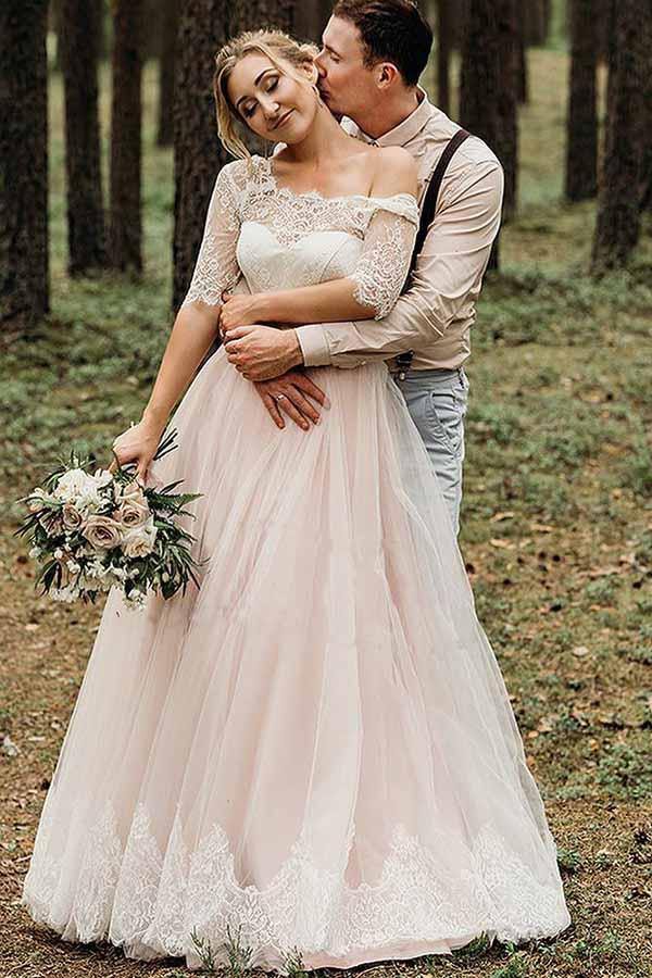 Pink Tulle Lace Backless Half Sleeve Wedding Dress MW742 | Musebridals Pink Tulle Lace Backless Half Sleeve Wedding Dress MW742 | Musebridals