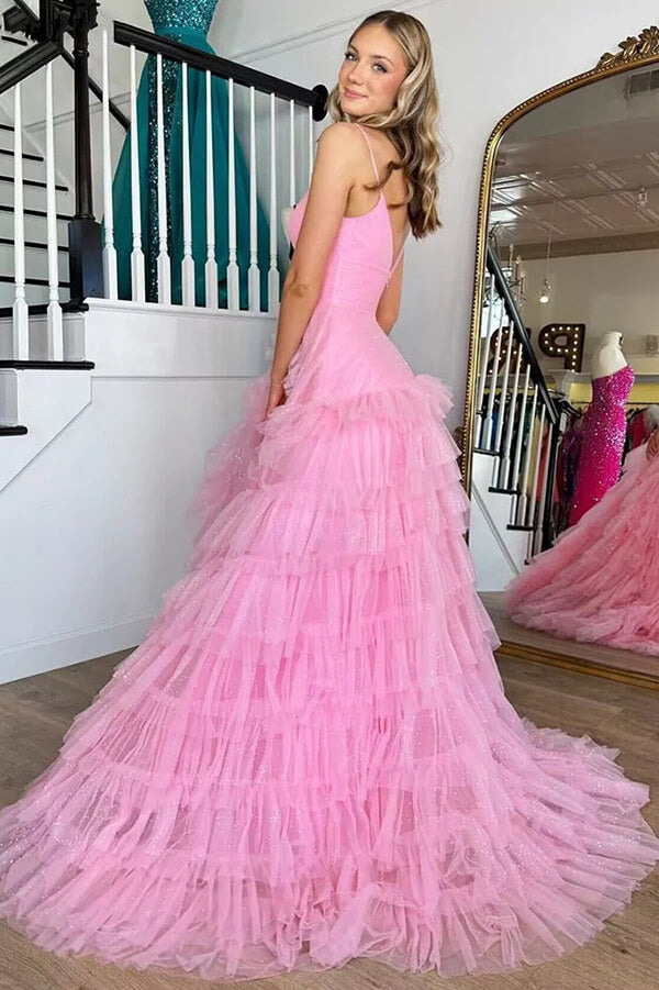 Pink Tulle Tiered Princess A-line V-neck Prom dresses, Long Formal Dress, MP800 | simple prom dress | new arrival prom dress | prom dress for teens | musebridals.com