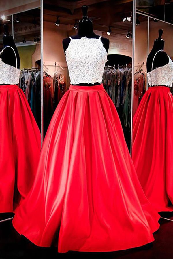 Red Square Neck Lace Floor-Length Two-piece Prom Dresses, Prom Dress, MP357