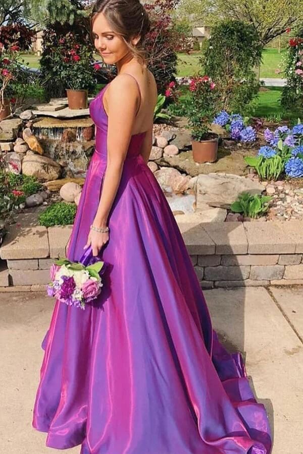 Purple Satin A-line Spaghetti Straps Prom Dresses With Pockets, Party Dress, MP775 | cheap long prom dresses | evening gown | long formal dresses | musebridals.com