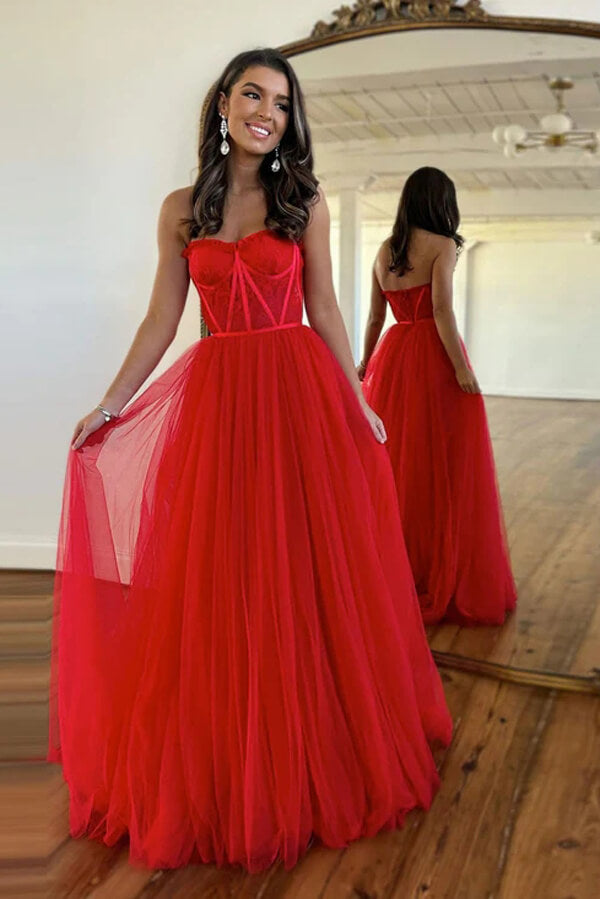 Red Lace A-line Sweetheart Neck Prom Dresses, Long Formal Dresses, MP778 | red prom dresses | lace prom dresses | cheap prom dress | musebridals.com