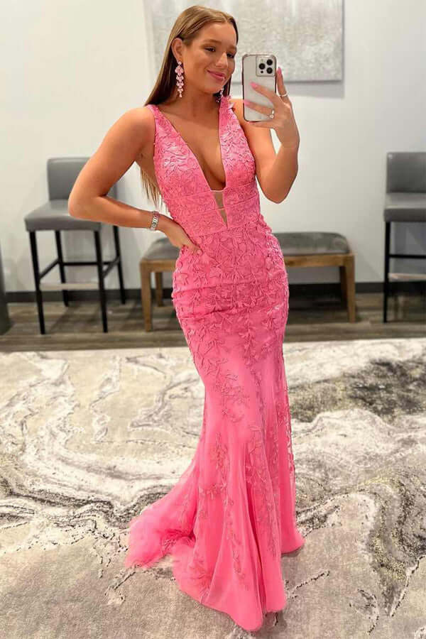 Red Mermaid Lace V-neck Floor Length Prom Dresses, Evening Dresses, MP750 | pink prom dresses | lace prom dresses | cheap prom dress | musebridals.com
