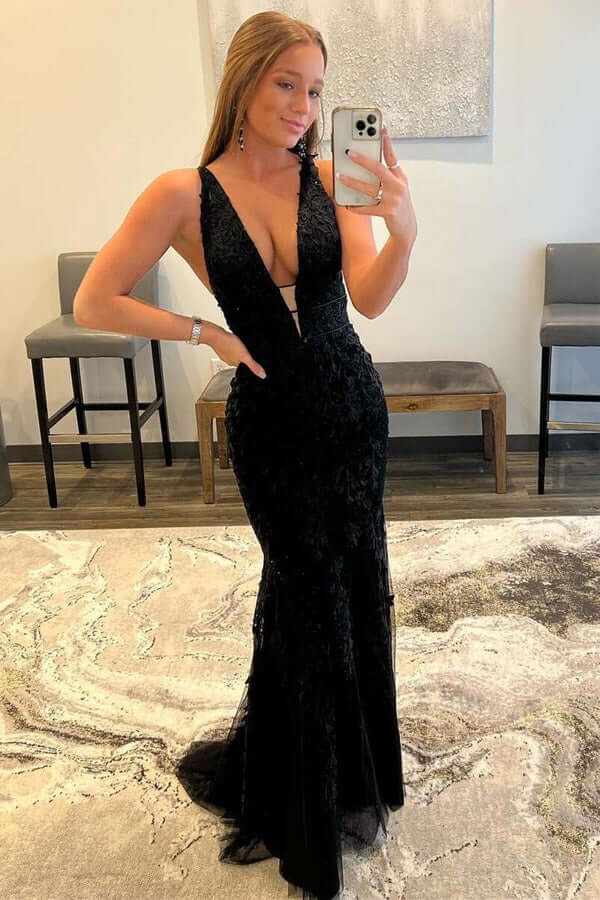 Red Mermaid Lace V-neck Floor Length Prom Dresses, Evening Dresses, MP750 | long prom dress | evening gown | party dress | musebridals.com