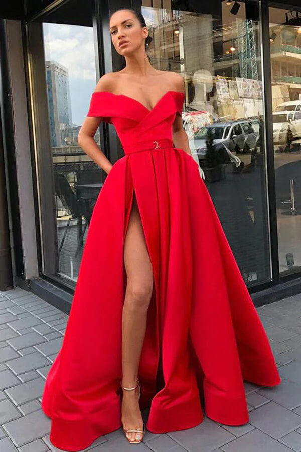 Red A-line Off Shoulder High Split Prom Dresses MP722