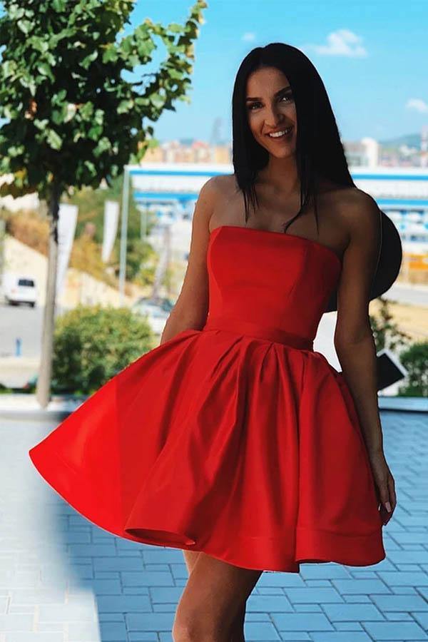 Red Satin A-line Strapless Short Homecoming Dresses, Short Party Dresses, MH549 | dresses for homecoming | homecoming dresses near me | green homecoming dress | musebridals.com