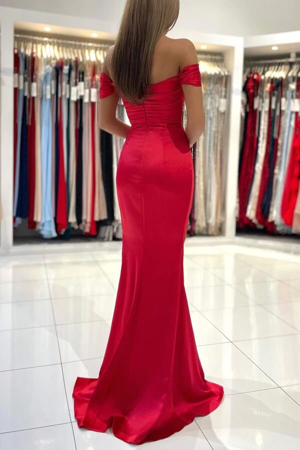 Red Satin Mermaid Off-the-Shoulder Long Prom Dresses, Evening Dresses, MP690 | satin prom dresses | evening gown | long formal dresses | www.musebridals.com